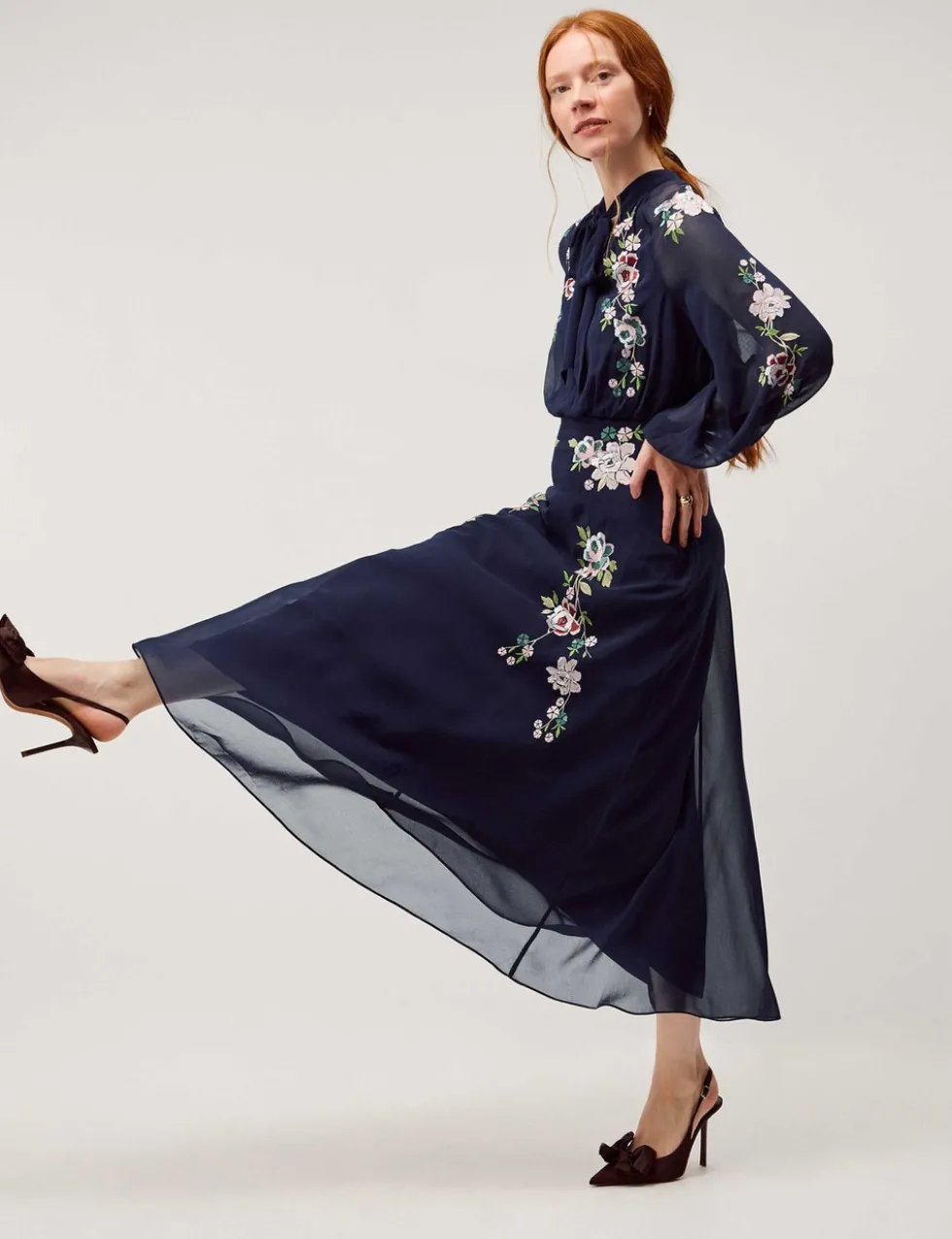 Embroidered High Neck Midi Tea Dress