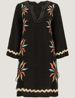 Embroidered Notch Neck Mini Kaftan Dress