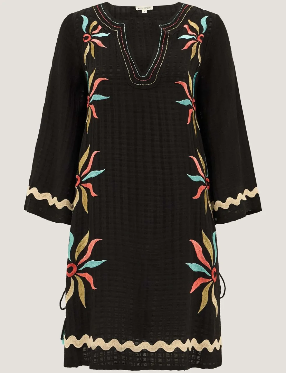 Embroidered Notch Neck Mini Kaftan Dress