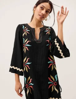 Embroidered Notch Neck Mini Kaftan Dress