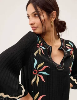Embroidered Notch Neck Mini Kaftan Dress