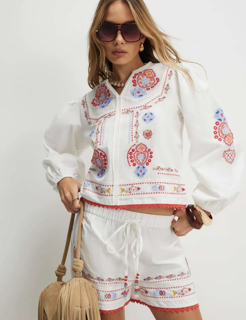 Embroidered Notch Neck Relaxed Blouse