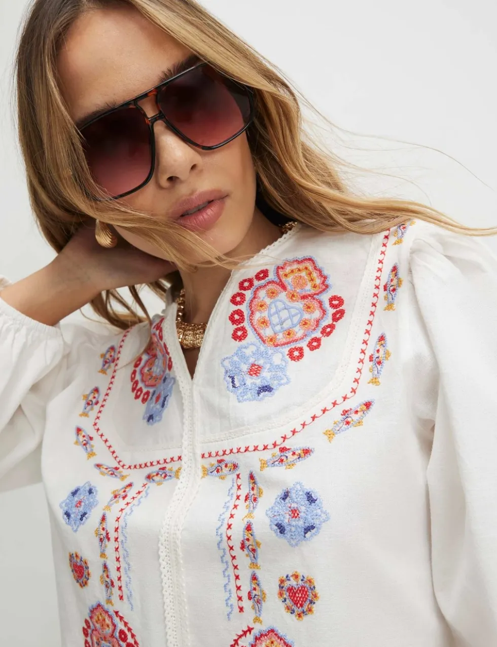Embroidered Notch Neck Relaxed Blouse