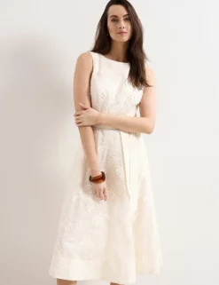 Embroidered Slash Neck Midi Waisted Dress