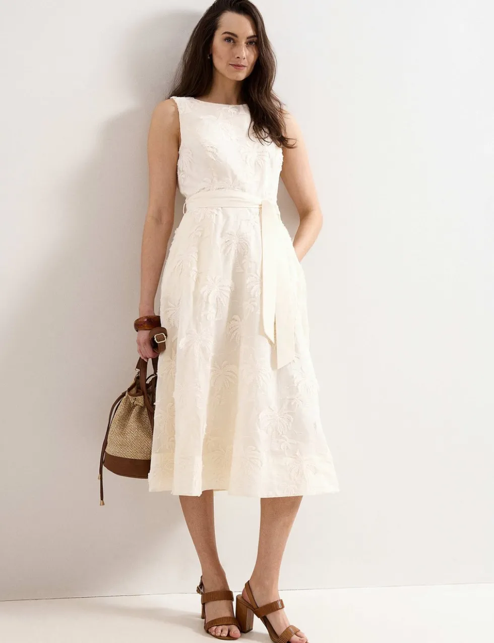 Embroidered Slash Neck Midi Waisted Dress