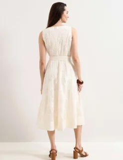 Embroidered Slash Neck Midi Waisted Dress