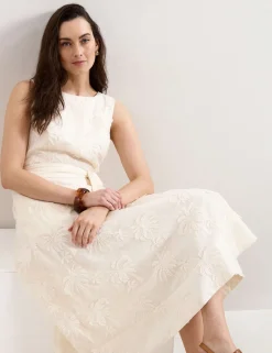 Embroidered Slash Neck Midi Waisted Dress