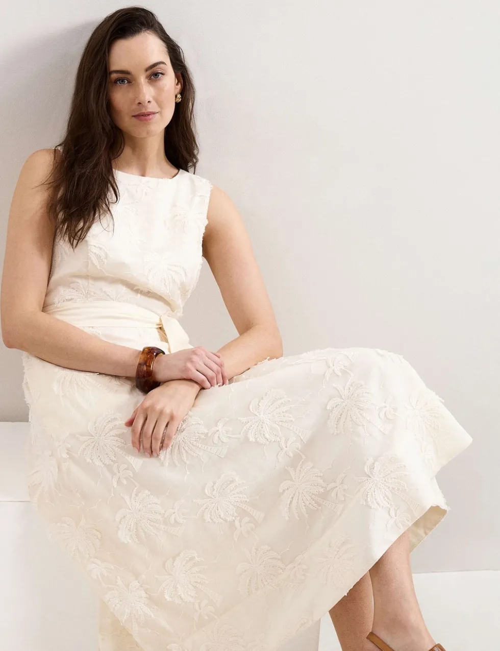 Embroidered Slash Neck Midi Waisted Dress
