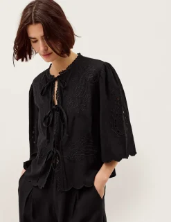 Embroidered Tie Neck Blouse