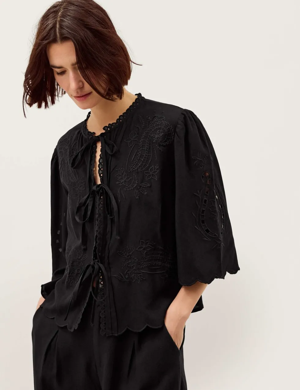 Embroidered Tie Neck Blouse