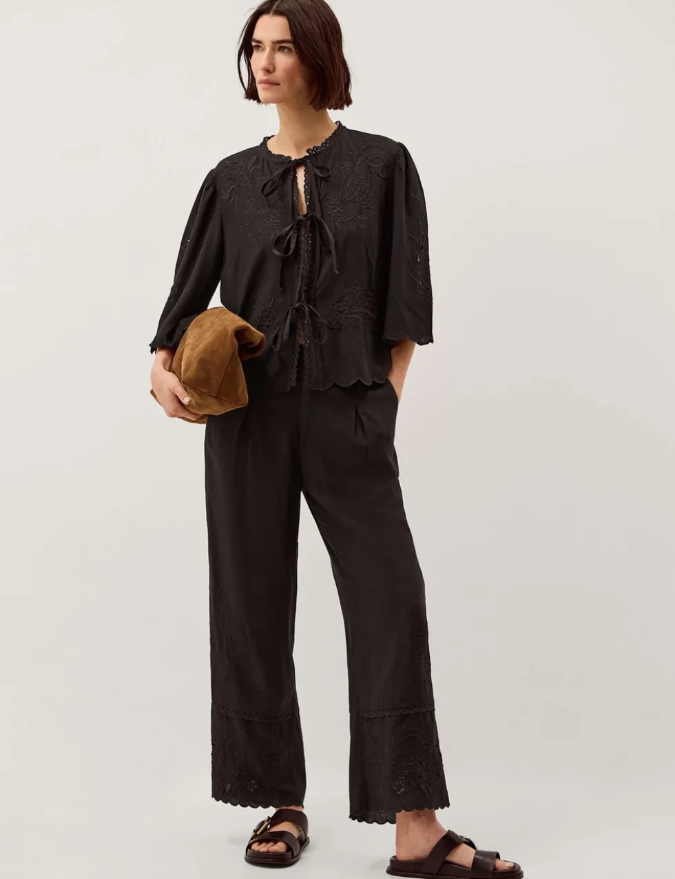 Embroidered Tie Neck Blouse