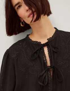 Embroidered Tie Neck Blouse