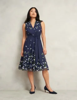 Embroidered V-Neck Knee Length Wrap Dress