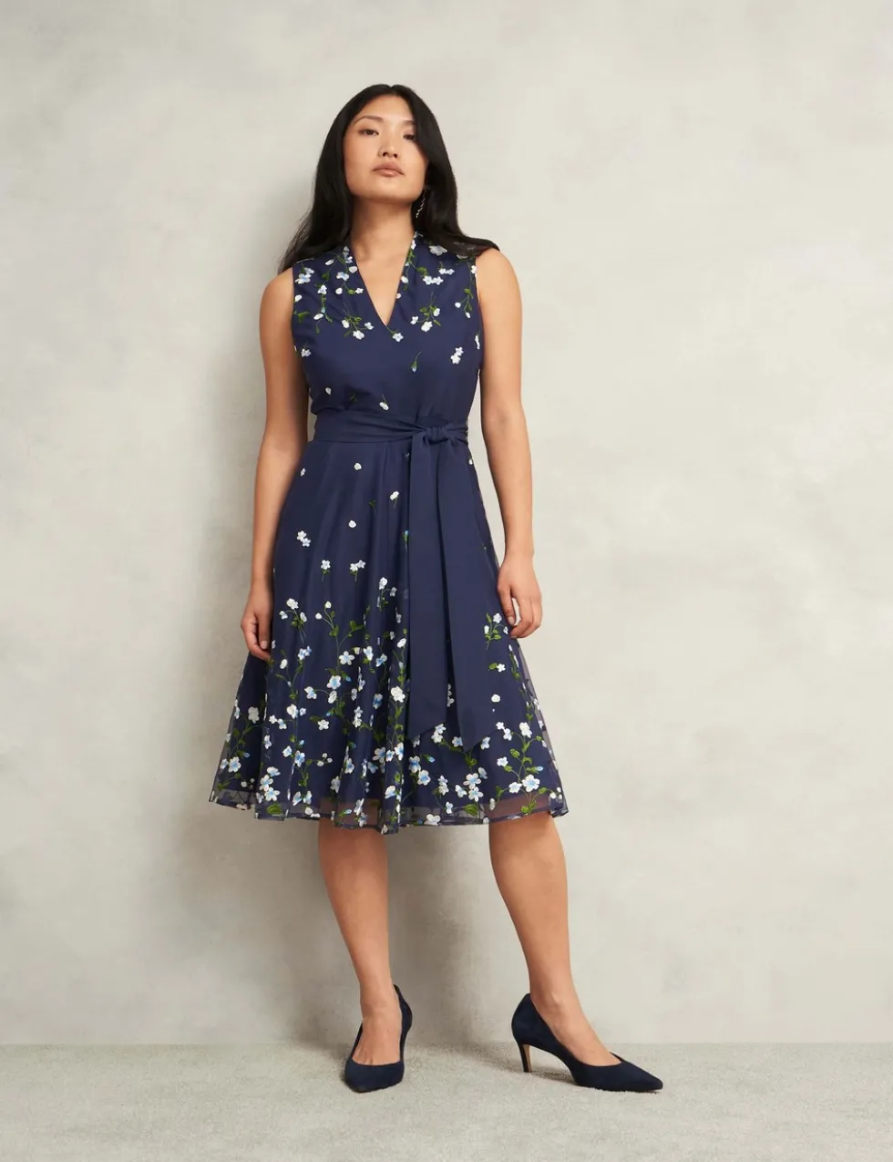 Embroidered V-Neck Knee Length Wrap Dress