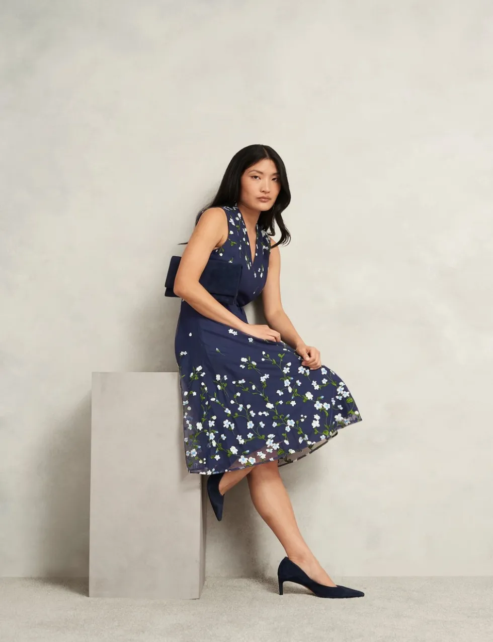 Embroidered V-Neck Knee Length Wrap Dress