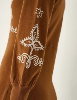 Embroidered V-Neck Knitted Midi Skater Dress