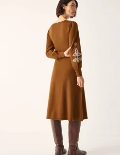 Embroidered V-Neck Knitted Midi Skater Dress