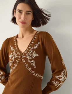 Embroidered V-Neck Knitted Midi Skater Dress