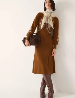 Embroidered V-Neck Knitted Midi Skater Dress