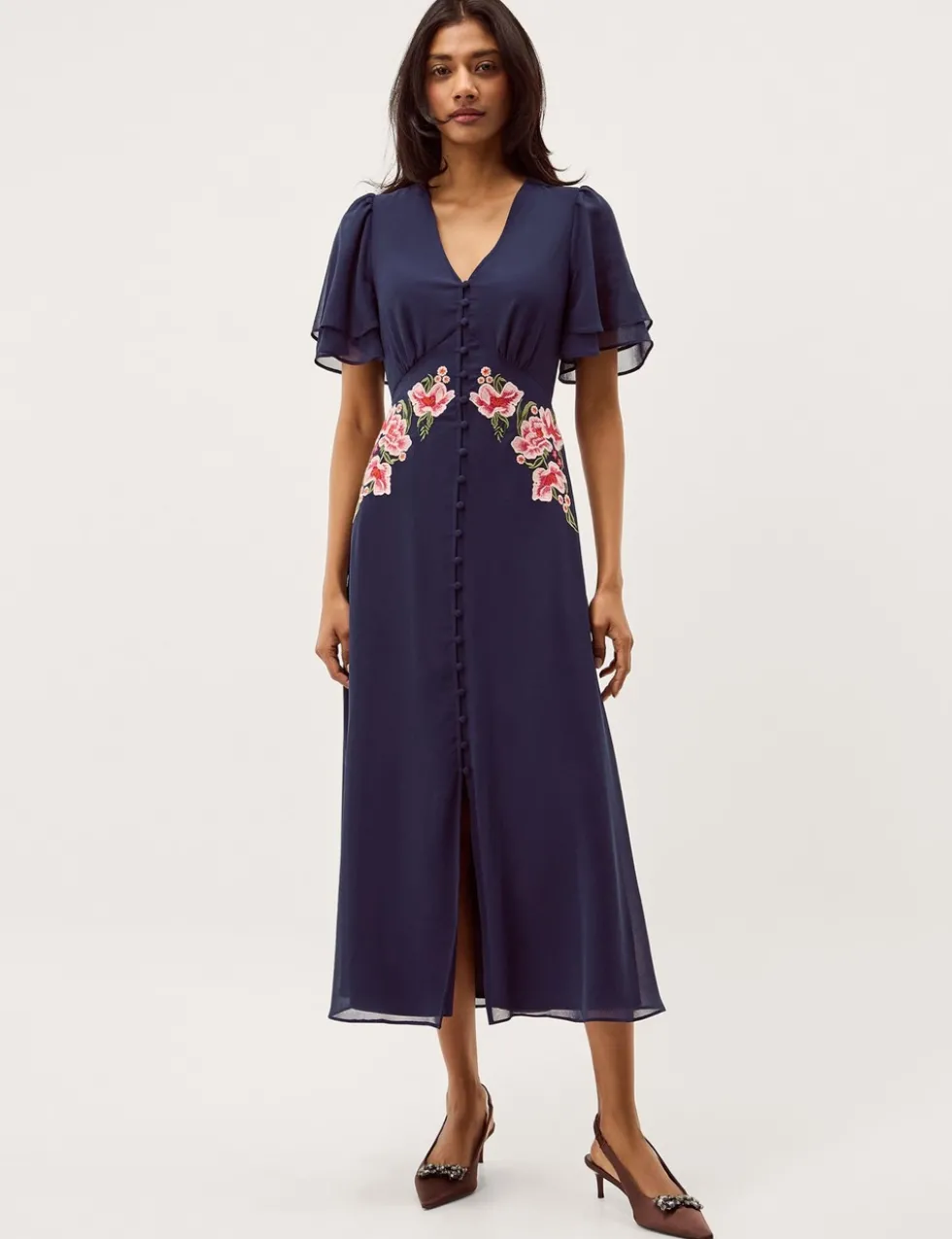 Embroidered V-Neck Midi Tea Dress