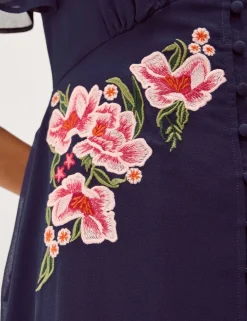 Embroidered V-Neck Midi Tea Dress