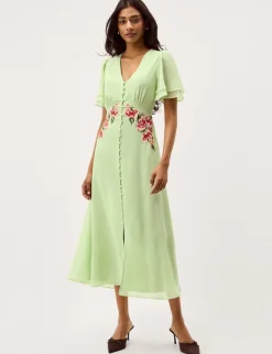 Embroidered V-Neck Midi Tea Dress