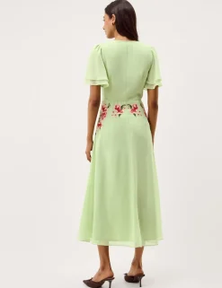Embroidered V-Neck Midi Tea Dress