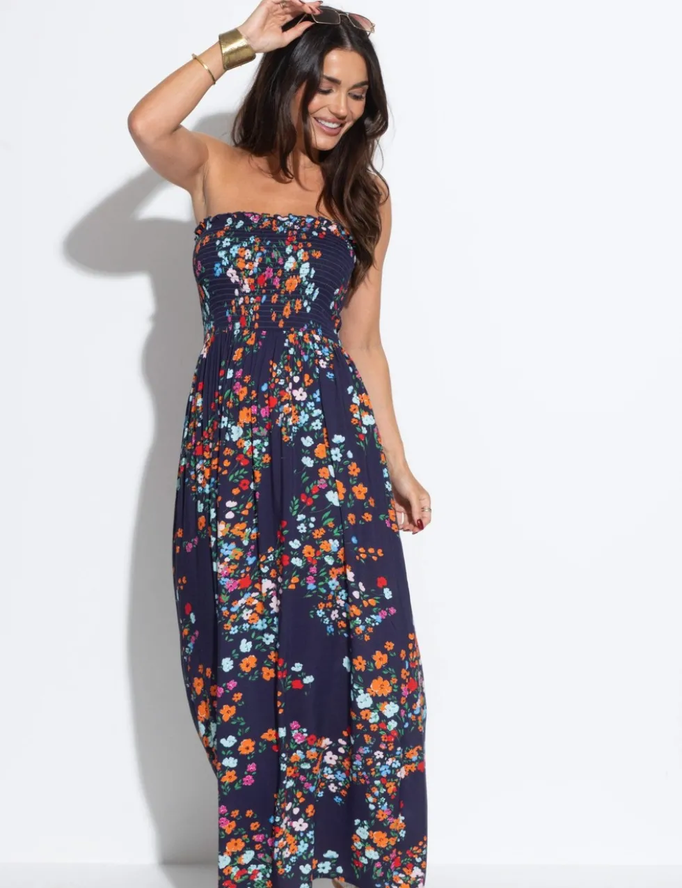 Emma Floral Shirred Strappy Maxi Beach Dress