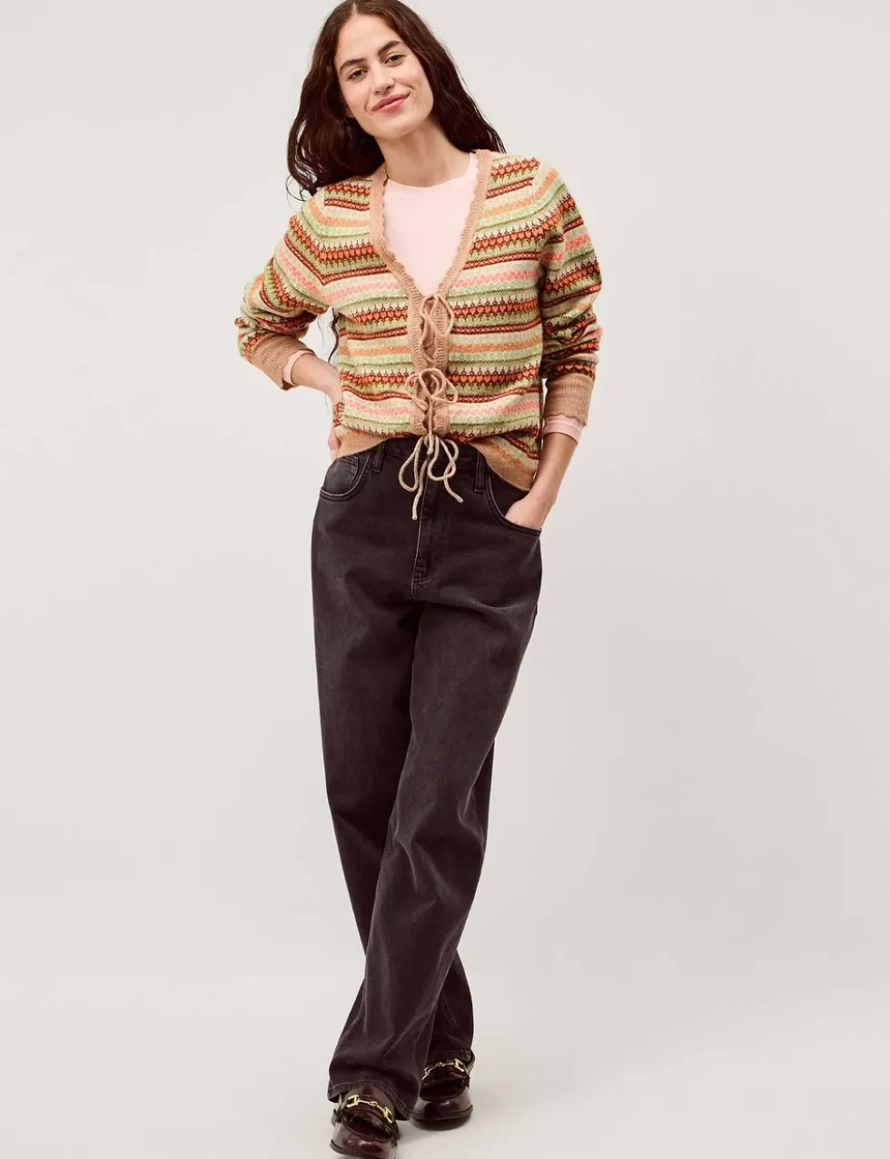 Fair Isle V-Neck Tie Front Cardigan