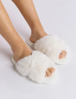 Faux Fur Crossover Slider Slippers