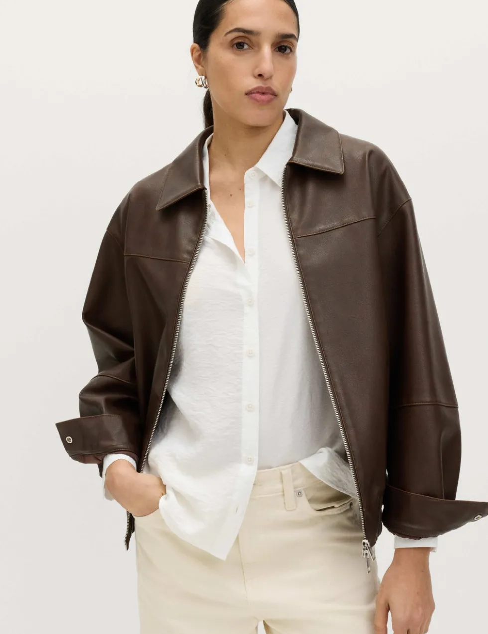Faux Leather Aged Collared Bomber Jacket