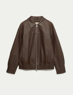 Faux Leather Aged Collared Bomber Jacket
