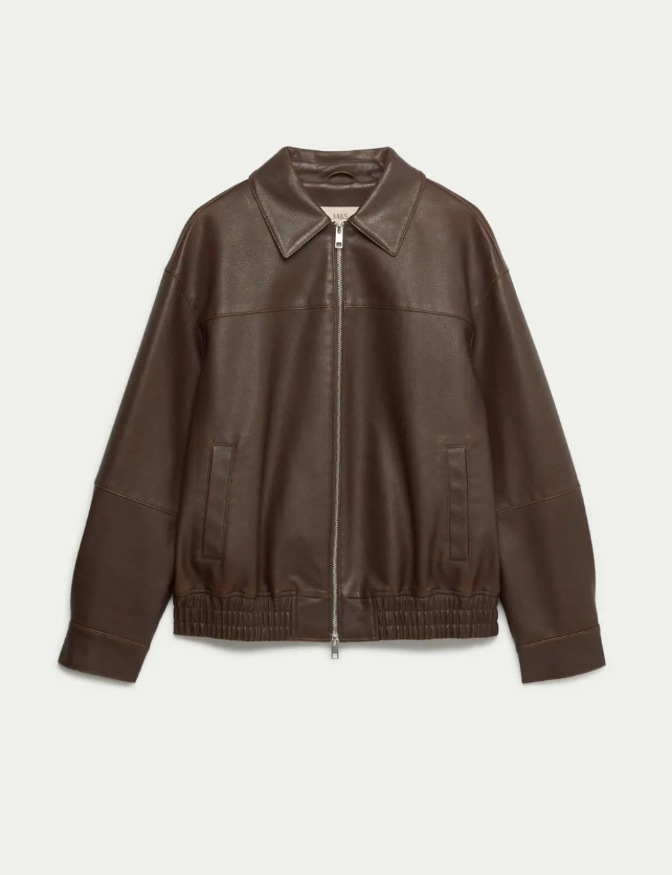 Faux Leather Aged Collared Bomber Jacket