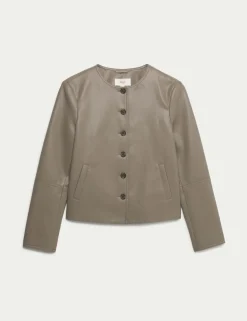 Faux Leather Collarless Jacket