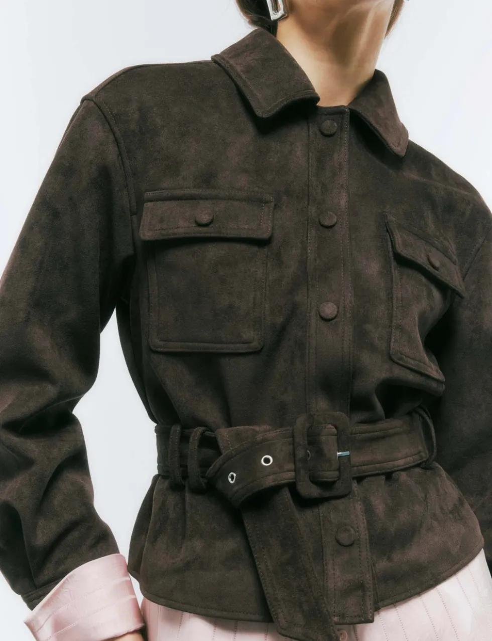 Faux Suede Belted Utility Jacket