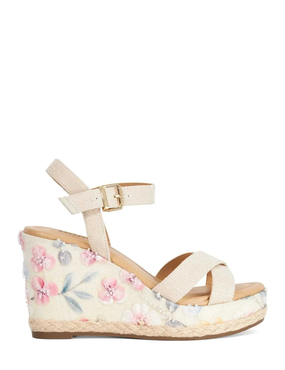 Floral Ankle Strap Wedge Sandals