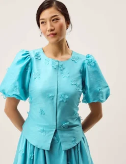 Floral Appliqué Puff Sleeve Jacket