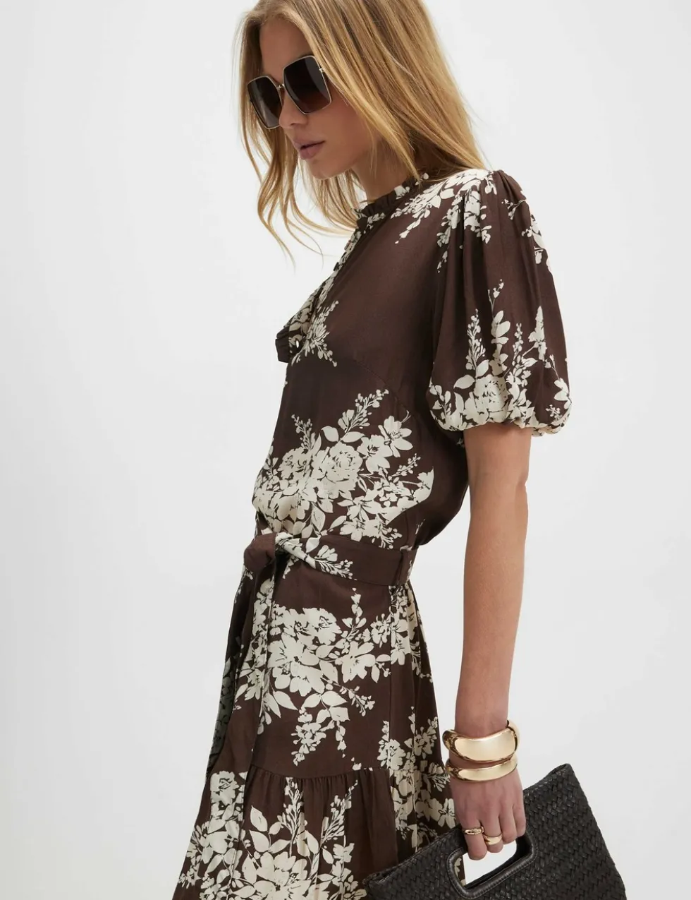 Floral Belted Puff Sleeve Mini Tiered Dress