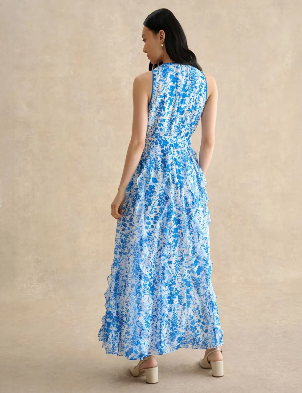 Floral Belted Ruffle Maxi Waisted Dress