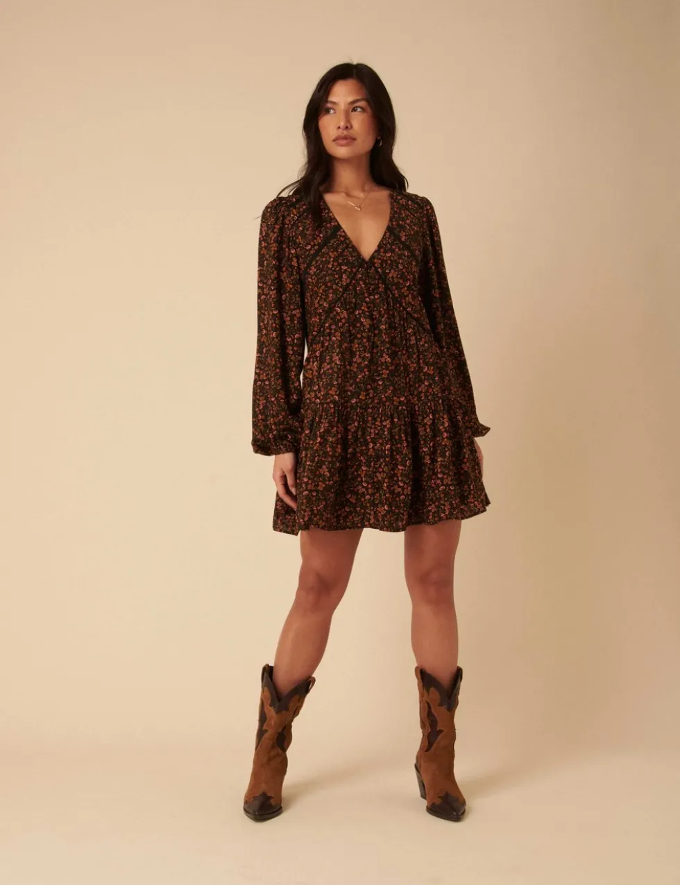 Floral Broderie V-Neck Mini Tiered Dress