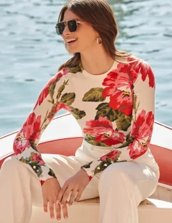 Floral Button Cuff Crew Neck Jumper