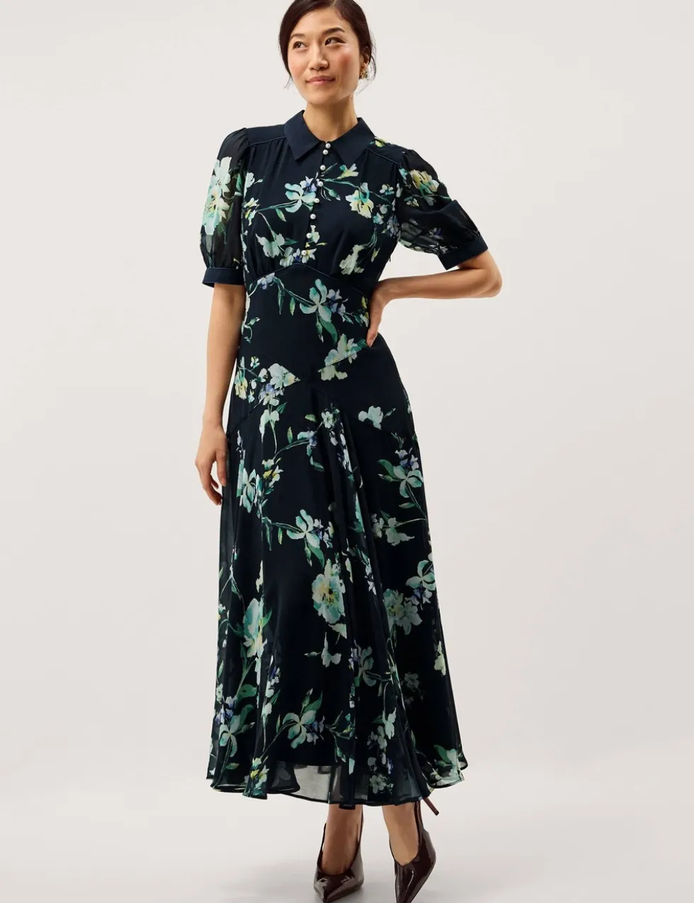 Floral Button Front Midi Tea Dress