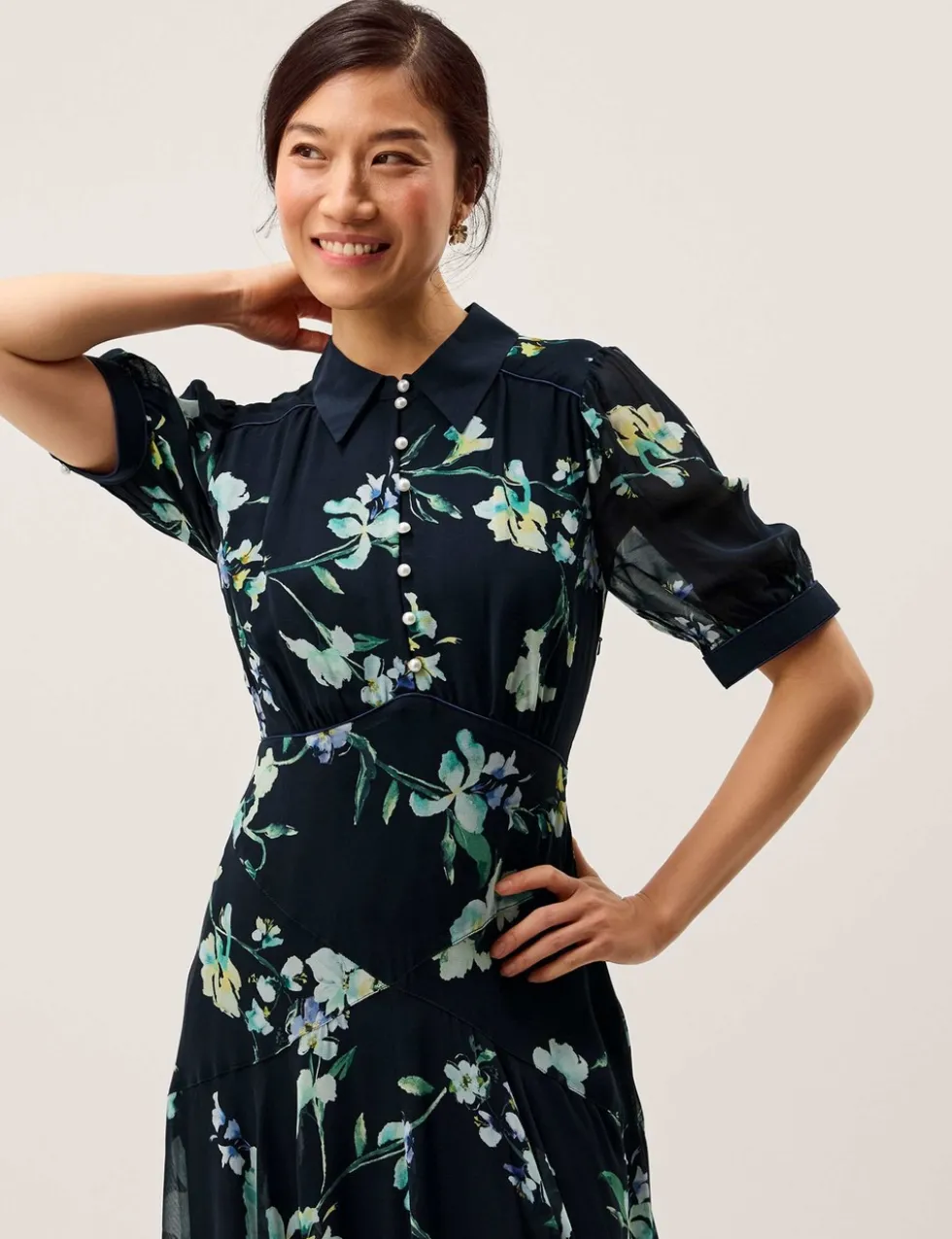 Floral Button Front Midi Tea Dress