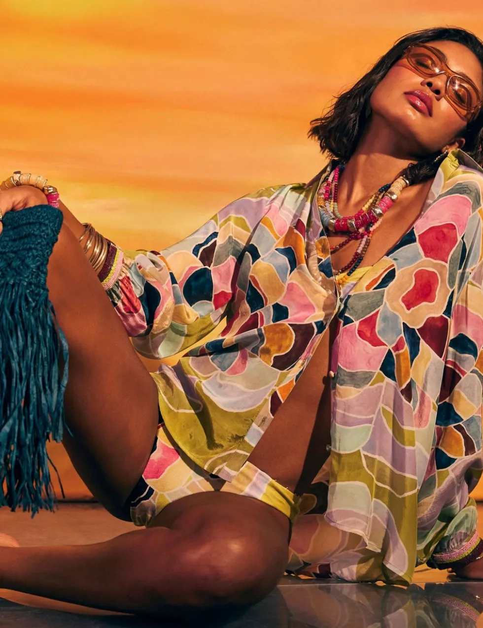 Floral Collared Beaded Cuff Beach Shirt