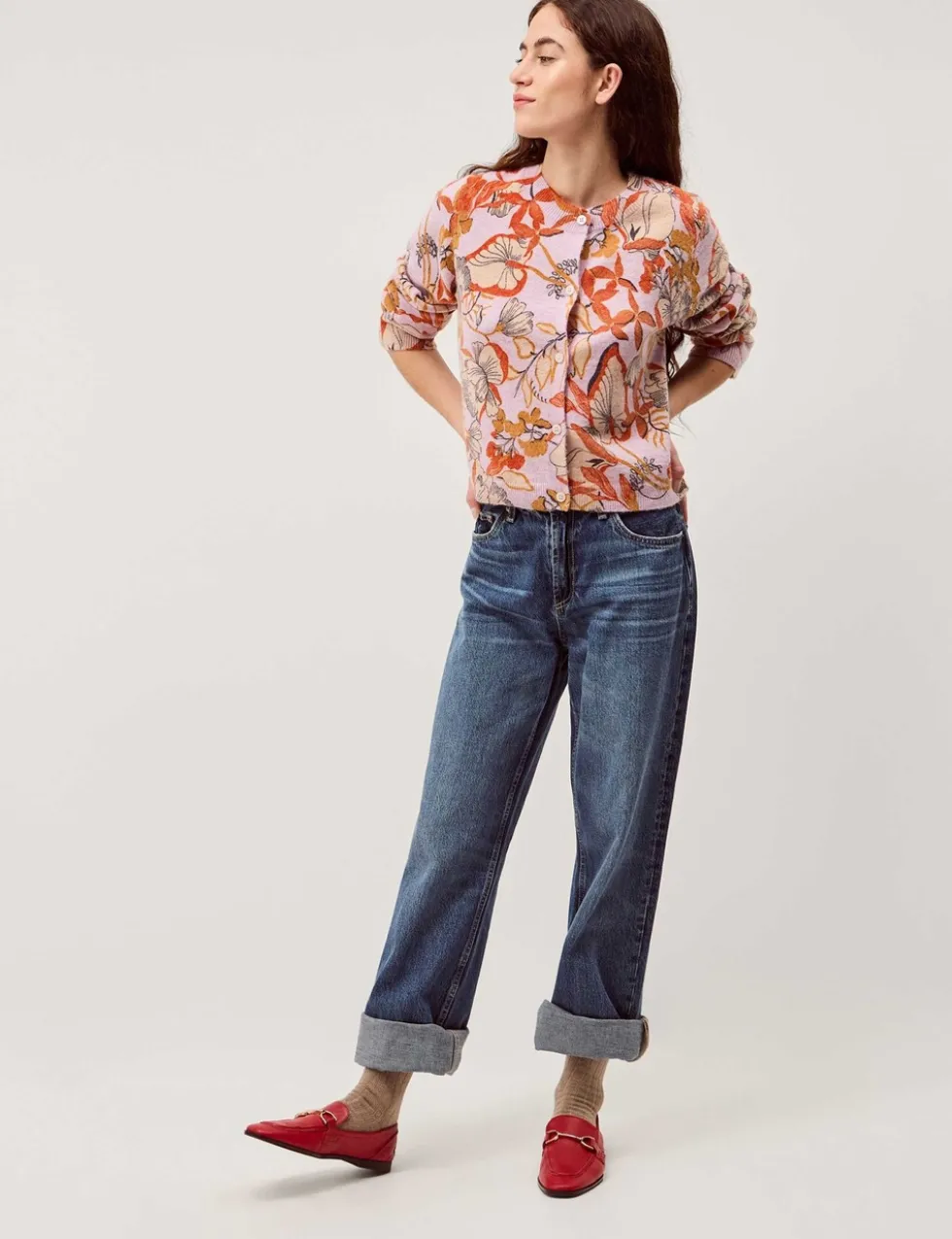 Floral Crew Neck Button Front Cardigan