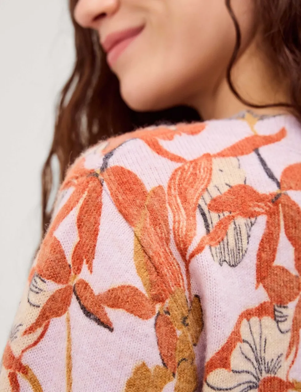 Floral Crew Neck Button Front Cardigan