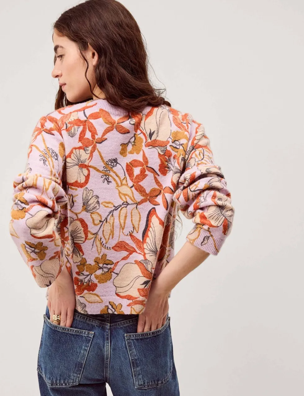 Floral Crew Neck Button Front Cardigan