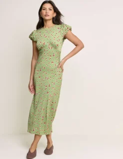 Floral Crew Neck Puff Sleeve Midi Tea Dress