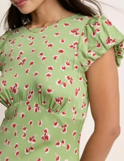 Floral Crew Neck Puff Sleeve Midi Tea Dress