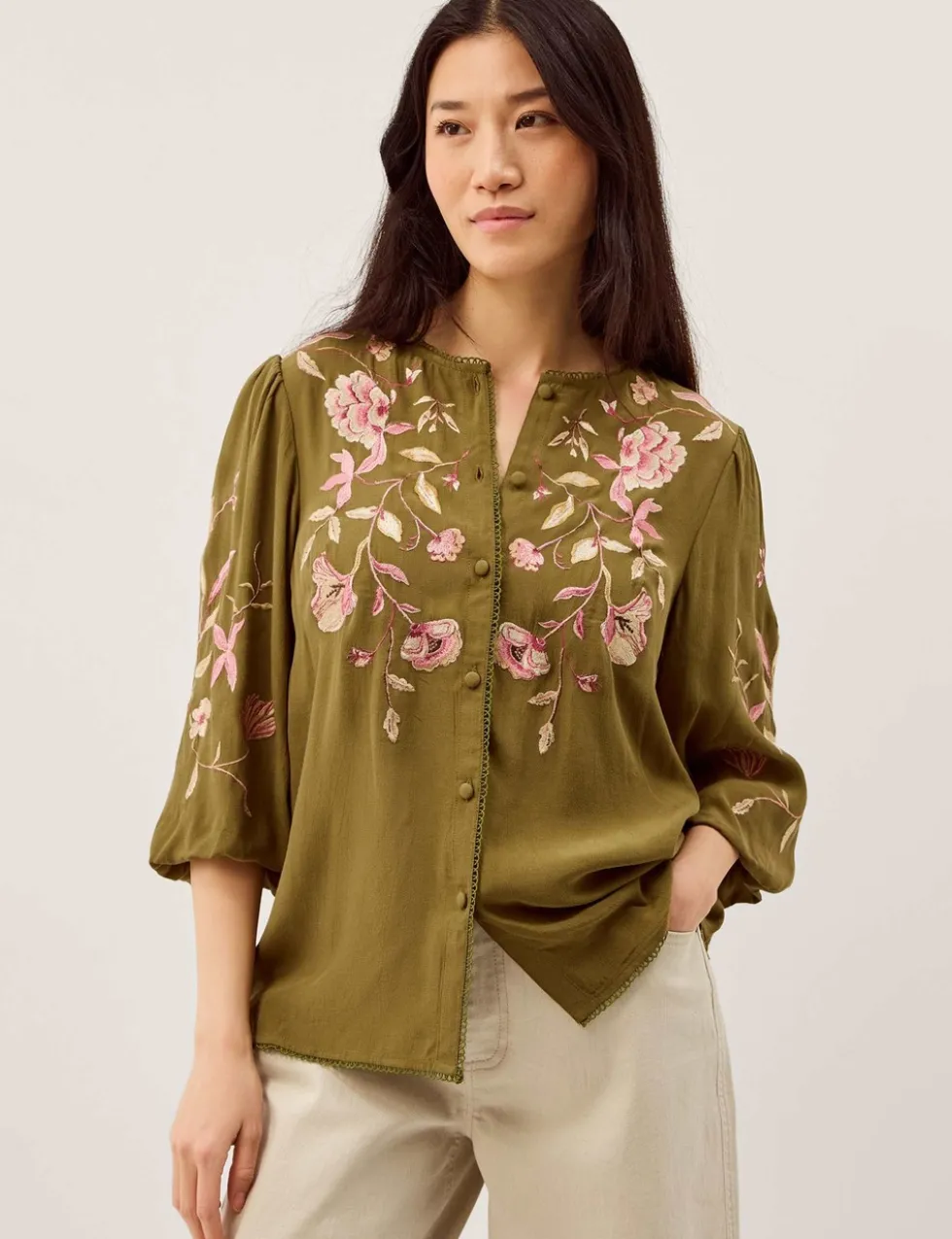 Floral Embroidered Blouson Sleeve Top